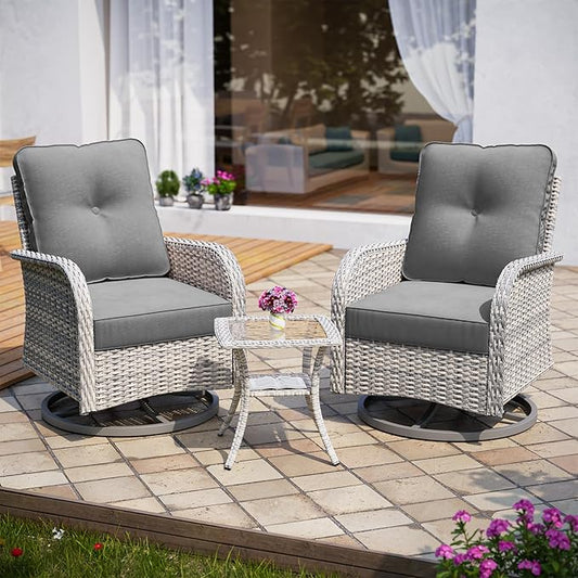 3-Piece Small Patio Furniture Set, Outdoor Swivel Rocking Chairs Set with Wicker Chairs and Tempered Glass Side Table, Outdoor Furniture Patio Bistro Set for Balcony, Deck, Porch