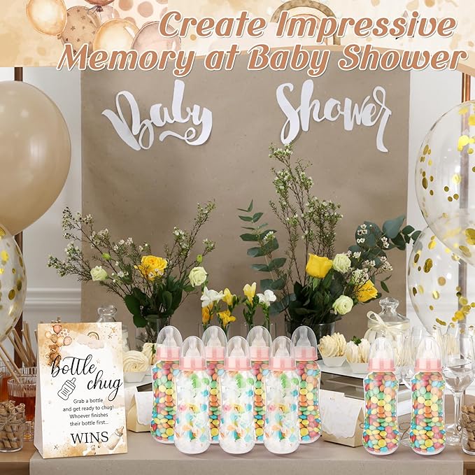 TrelaCo Cool Baby Shower Games Sets 12 Pcs Feeding Bottles with 1 Bottle Chug Sign for Gender Reveal Baby Shower Party Favors Decoration Games(Bear,Brown)