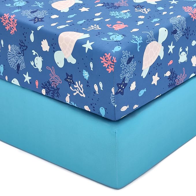 TILLYOU Baby Crib Sheets for Boys Girls, Super Soft Toddler Bed Sheets, 2 Pack Sheets for Standard Crib Mattress 28x52in, Beach Time Turtle and Lake Blue
