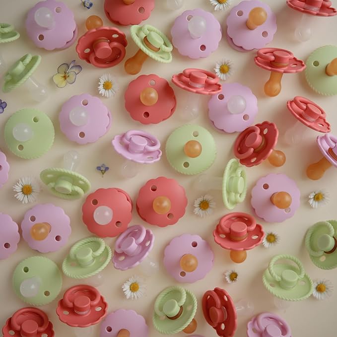 FRIGG Daisy Natural Rubber Baby Pacifier | Made in Denmark | BPA-Free (Cream/Poppy, Size 1) 2-Pack