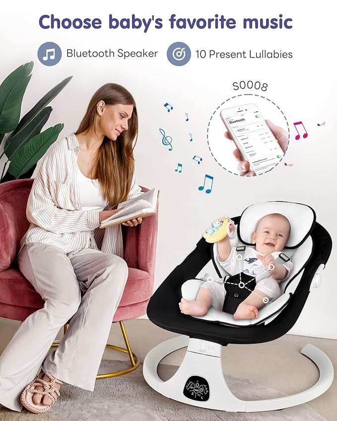 Electric Baby Swings for Infants to Toddler Baby Swing with 5-Speed 3-Seat Positions 5-Point Carabiner,with Bluetooth Music 10-Preset Melodies (Black White)