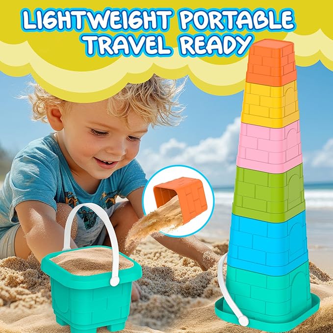 Splash & Sand Adventure Set – Beach Toys for Toddlers with 18 Pcs Stacking Cups, Watering Can, Bucket, Shovels, Rake, Toy Car Sand Moulds & Storage Basket, Summer Toys for Kids Ages 1+