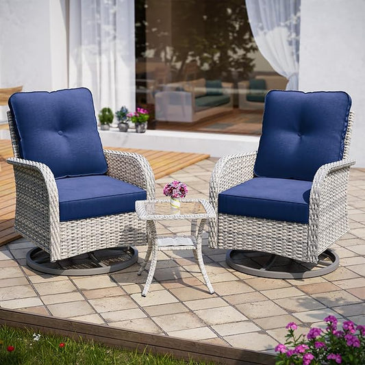 3-Piece Small Patio Furniture Set, Outdoor Swivel Rocking Chairs Set with Wicker Chairs and Tempered Glass Side Table, Outdoor Furniture Patio Bistro Set for Balcony, Deck, Porch
