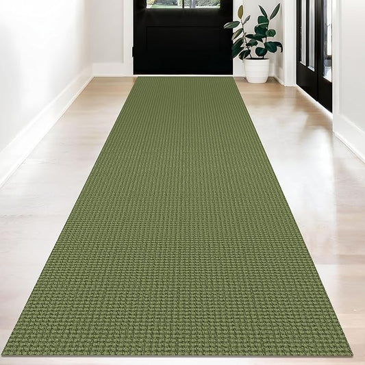 KOZYFLY Long Runners for Hallways 3x12 ft Washable Kitchen Runner Non Slip Rubber Backed Hallway Rugs Cotton Entryway Runner Rug Floor Carpet for Indoor Hall, Kitchen, Olive Green/Earthy Green