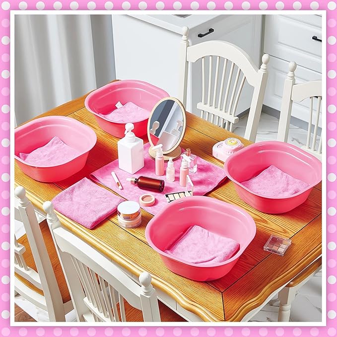 Patelai 6 Sets Kids Foot Spa Kit for Girl 12 x 12 x 4.3 Inch Foot Soaking Tub 14 x 30 Inch Hand Towels Washbasin Towels for Spa Party Sleepover Party Supplies(Rose Red)