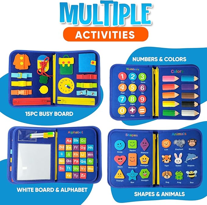 Busy Board Montessori Toy for 1 2 3 4 Year Old Toddler Boys & Girls - Sensory Board with Preschool Educational Activities for Learning Fine Motor Skills - Travel Toys for Airplane and Car