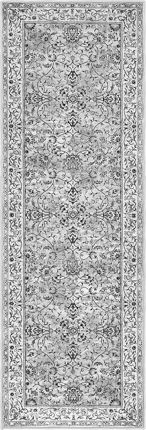 KILOCOCO Hallway Runner 2.6x10 Runner Rug Printed Vintage Floral Washable Rugs Kitchen Runners Soft Non-Slip Low Pile Rubber Backed Runners for Laundry Room Distressed Boho Rugs, Light Gray White