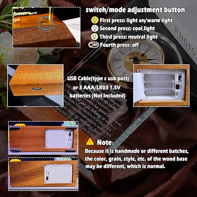 Glass Clock Gifts for Dad From Son Daughter with Wooden Light Base, Personalized I Love You Gift for Dad Who Has Everything on Birthday Father's Day, Presents for Daddy on Christmas Home Desk Clock