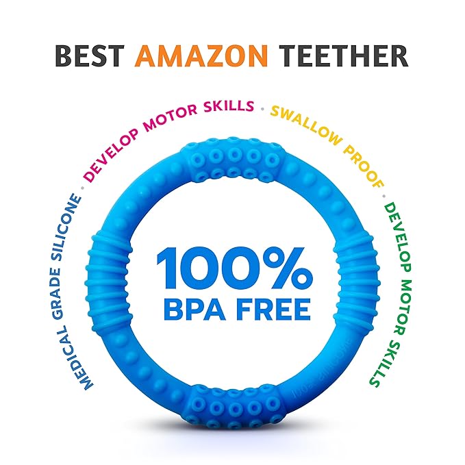 Babynow Teething Rings - Sensory Teether Ring Pacifiers for Babies 0-12 Months Sensory Chew Toy Safe Toddler Comforter Soother Infant Dummie Toy - Blue 2 Pack