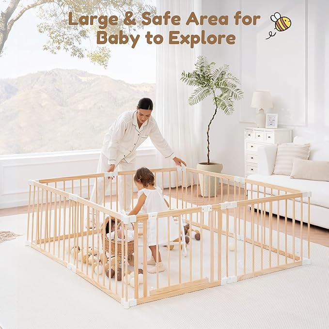Wooden Playpen & Play Yards for Babies and Toddlers, 67 * 67inch Foldable Wood Baby Play Fence with Locking Gate, Kids Activity Area Center Indoor Outdoor, Pinewood