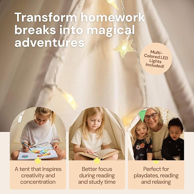 PLAYVIBE Teepee Tent for Kids - Castle Theme, Plastic Canopy - Indoor & Outdoor Toddler Playhouse with LED Star Lights & Cozy Reading Nook