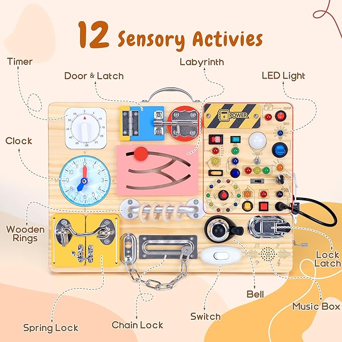 25 in 1 Busy Board with 13 LED Light Switches and 12 Activity, Montessori Toys for 1 2 3 Years Old, Wooden Sensory Board, Toddlers Travel Toys for 1+ Year Old Boy & Girl Birthday Gift（Extra-Large）