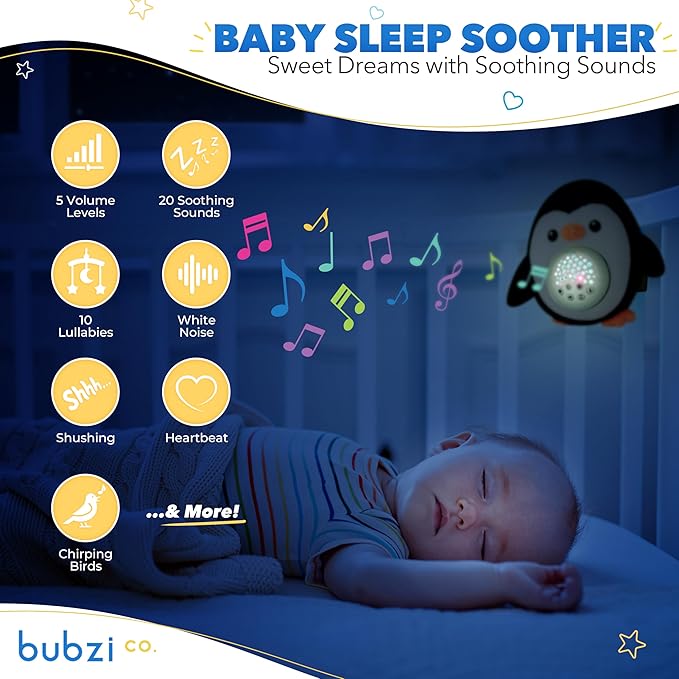 Bubzi Co Portable Penguin Baby Soother & Night Light Projector, Comforting Electronic Infant Toddler Sleep Aid with White Noise