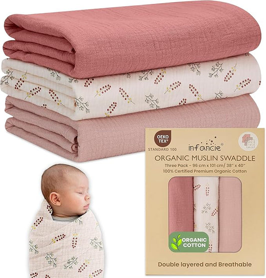 Organic Cotton Muslin Baby Blanket 3 Pack - 38x40 Inch Breathable Swaddle, Hypoallergenic Double-Layer, Versatile Use (Pink, Floral, Rust, 38x40 Inch)