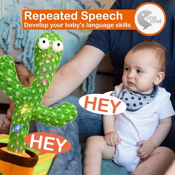 Christmas Dancing Talking Cactus Toy Mimics Back, Cactus Baby Toy Singing Mimicking Repeating Recording, Silly Sunny The Cactus with 3xAA Battery