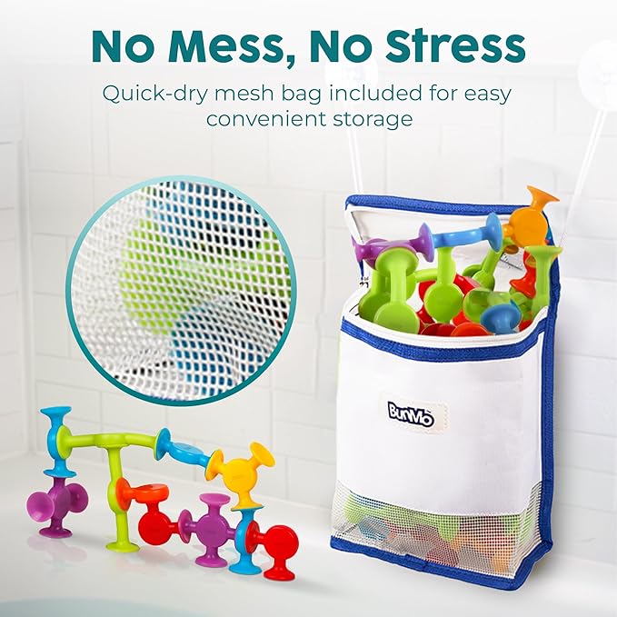 BUNMO Bath Toys Suction - Connect, Build, Create - Toddler Bath Toys - Hours of Fun & Creativity - Fine Motor Skills - Stimulating Sensory Toys - Non-Mouthable Toy 3+ - Smooth 24 Pack