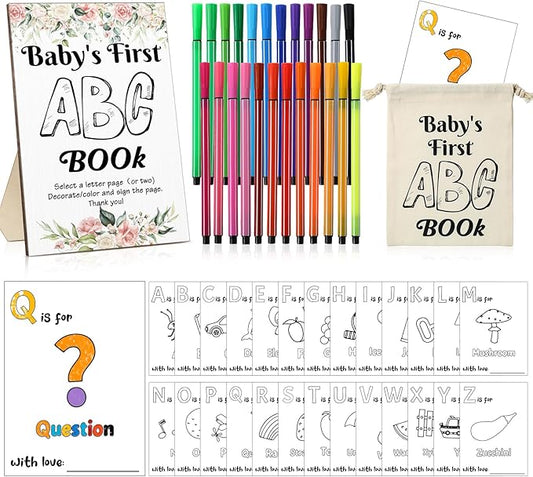 Geelin 51 Pcs Fun Baby Shower Game Activities First Abc Book Sign Coloring Game Card 26 Alphabet a to Z Coloring Card with 24 Watercolor Pen Storage Bag for Baby Shower Party(Floral)