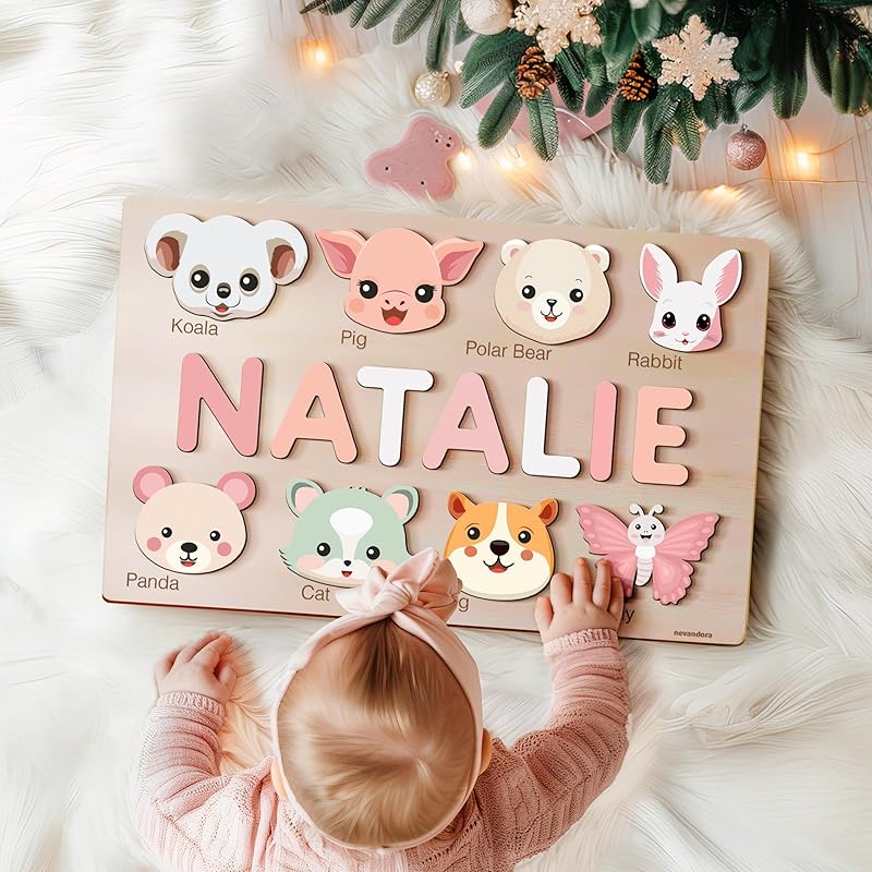 Custom Baby Name Puzzle with Animals, Baby Girl and Boy Gift, Personalized Puzzles for Toddlers, 3 6 9 12 15 18 24 36 Months Toy, Custom Baby Gift, Boy and Girl Personalized Wood Toy, Christmas Gift