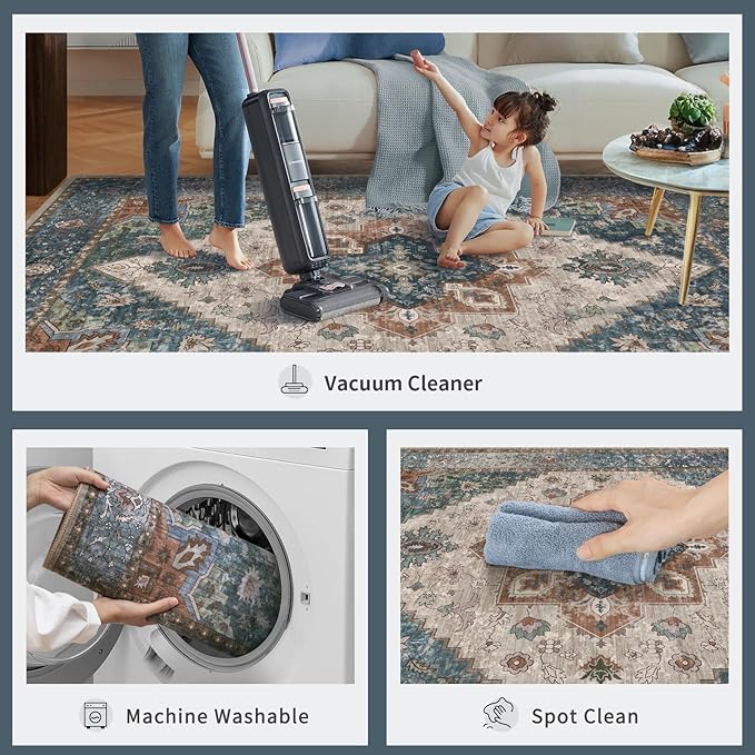 Ciicool 5x7 Area Rugs, Washable Area Rug Boho Rugs for Living Room Non-Slip Indoor Rugs Large Low-Pile Mat Floor Carpet Vintage Rug for Bedroom Office Dinning Foyer Decor