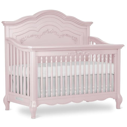 évolur Aurora 5-in-1 Convertible Full-Size Baby Crib in Dusty Rose, GreenGuard Gold & JPMA, 3 Mattress Heights, Ribbon Bow Scrollwork & Queen Anne Feet, Converts to Toddler, Day & Full-Size Bed