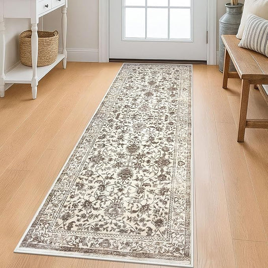 KILOCOCO Hallway Runner 2x6 Rug Runner Printed Vintage Floral Washable Kitchen Runners Non-Slip Rubber Backed Runners for Hallways Laundry Room Distressed Boho Rugs for Entryway Bedroom, Beige/Brown