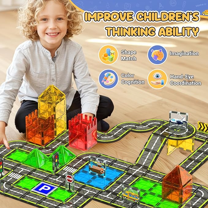Magnetic Tiles Road Set, Magnetic Building Blocks for Kids Ages 3+Year Old, Montessori Educational Magnet Toys for Toddler Kids, STEM Creative Toy for Christmas Birthday Gifts