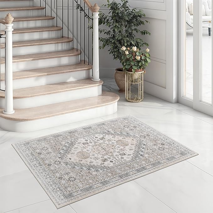 zesthome 2x3 Entryway Rug, Soft Washable Rugs, Non Slip Area Rug, Stain Resistant Low Pile Rugs for Bedroom, Vintage Rug for Door Mat, Kitchen (Beige,2'x3')
