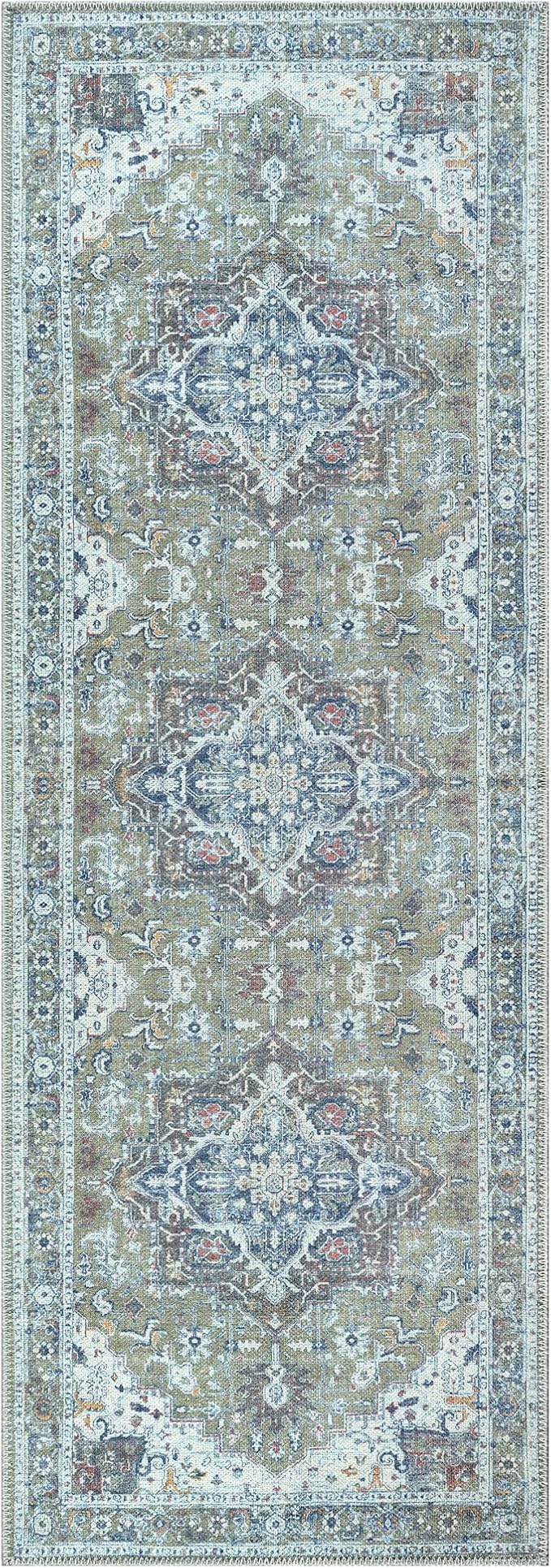 Bloom Rugs Washable Non-Slip 10 ft Runner - Green/Blue Traditional Medallion Runner for Entryway, Hallway, Bathroom, and Kitchen - Exact Size: 2.5' x 10'