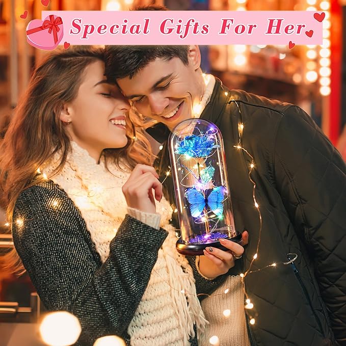 DEEMEI Birthday Gifts for Women Blue Rose Eternal Flower Light Up Rose in Glass Dome with Butterfly, Flowers for Delivery Prime Anniversary Grandma Mom Gift Wife Girlfriend
