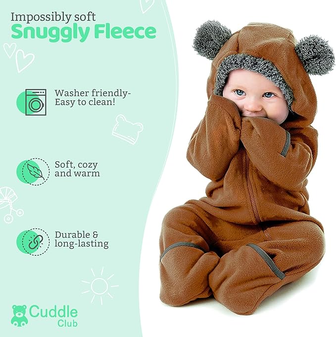 Cuddle Club Fleece Baby Bunting Bodysuit with Hood, Convertible Mittens & Booties, Car Seat Friendly, Soft & Warm, Easy Zip