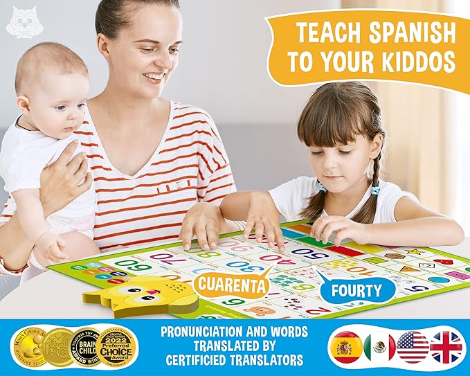 Bilingual Learning Toys - Spanish Toys for Toddlers 1-3, Interactive Number Toys, Numbers for Toddlers - Educational Talking Wall Chart for Kids