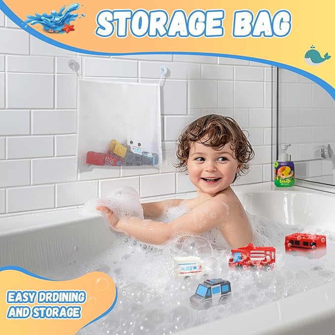 Mold Free Bath Toys, 6 Packs No Hole Baby & Toddler Bathtub Toys: Water Floating Vehicles Truck School Bus Car Toy, Sealed Soft Silicone Rubber Bath Toys for Kids ages 0+ (with Mesh Storage Organizer)