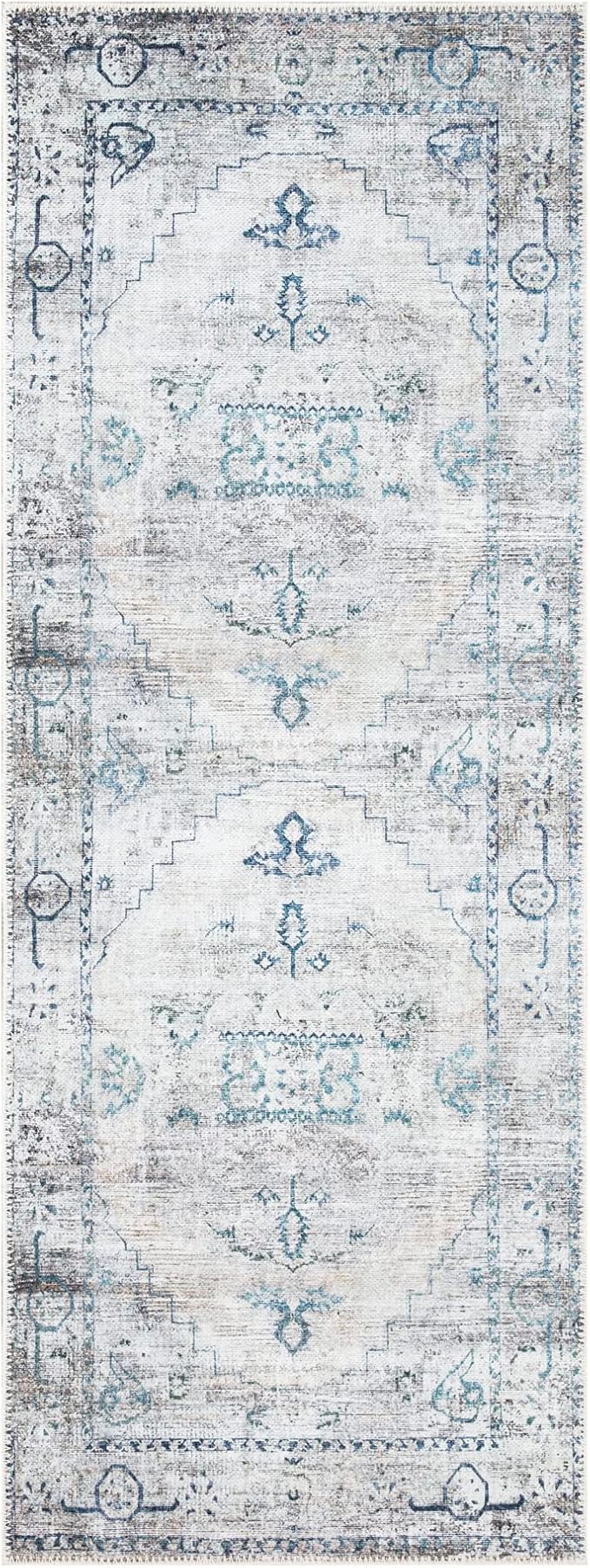 Bloom Rugs Washable Non-Slip 7 ft Runner - Teal/Beige Traditional Runner for Entryway, Hallway, Bathroom, and Kitchen - Exact Size: 2.5' x 7'