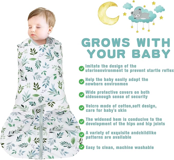 Newborn Sleep Sack Baby Swaddle,Swaddle me 6-12 Month,3-Way Adjustable Wearable Blanket,100% Rayon Cotton Swaddling Sleeping Bag，TOG 0.5 (Leaf, 6-12 Months)