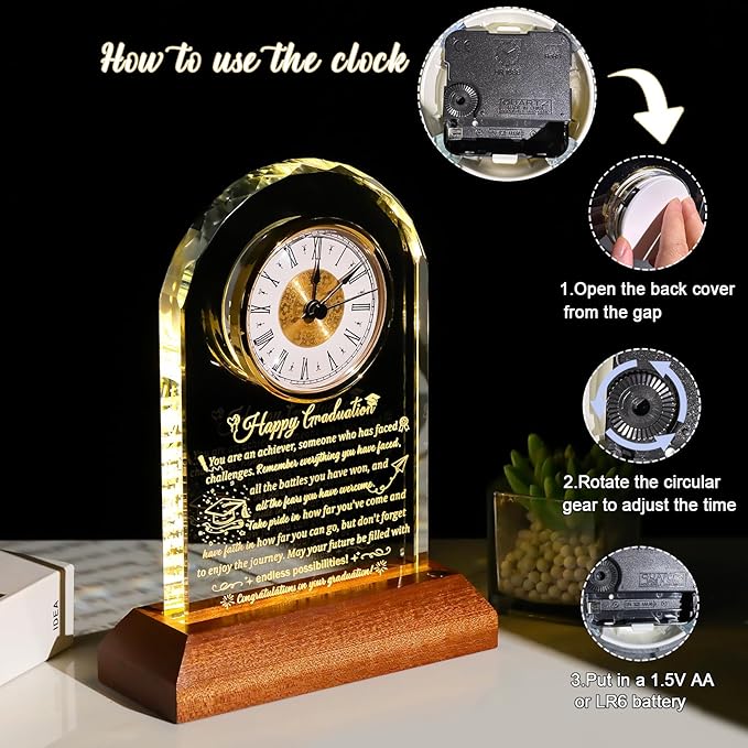 Glass Clock Graduation Gifts for Women Men with Wooden Light Base Class of 2025 Graduation Keepsakes for Her Him Inspirational Gifts Idea for College High School PHD Masters Degree