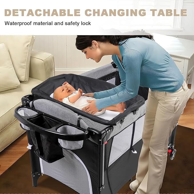 MMBABY Baby Bedside Crib,Pack and Play,Multifunction Portable Large Playard from Newborn to Toddlers,U-Shaped Diaper Changer