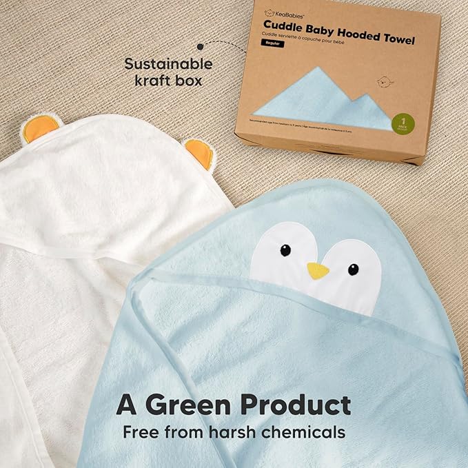 KeaBabies Hooded Baby Towel for Newborn - Viscose Derived from Bamboo Large Baby Bath Towels with Hood for Boys, Girls, Toddler, Extra Absorbent & Soft Newborn Bath Essentials (Penguin)