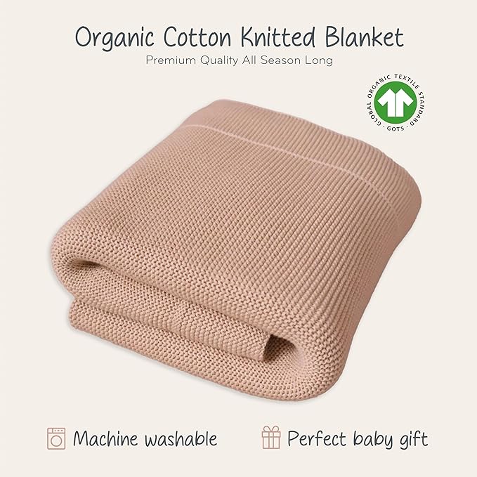 Knitted Organic Cotton Baby Blanket- Swaddle Blanket, 30" x 40" Soft Receiving Blanket for Newborn (Blush Ultra-Soft)