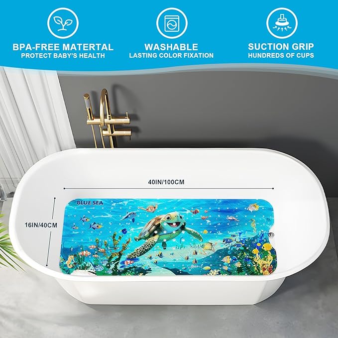 XIYUNTE Baby Bath Mat for Tub Non Slip Kids Bath Mat - 40''x16'' Extra Long Kids Bath Tub Mat Non Slip, Eco-Friendly Toddler Bath Mats with Suction Cups for Secure Grip, Easy to Clean & Easy Drying