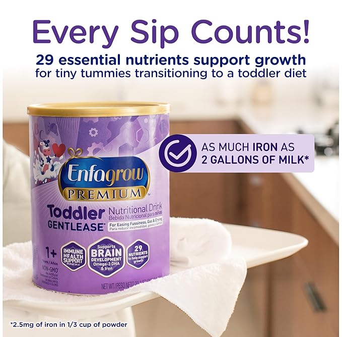 Enfagrow PREMIUM Gentlease Toddler Nutritional Drink, Made with Real Milk, Designed to Ease Fussiness, Gas & Crying, Brain-Building Omega-3, Nutrients for Growth & Immune Support, Powder Can, 29.1 Oz