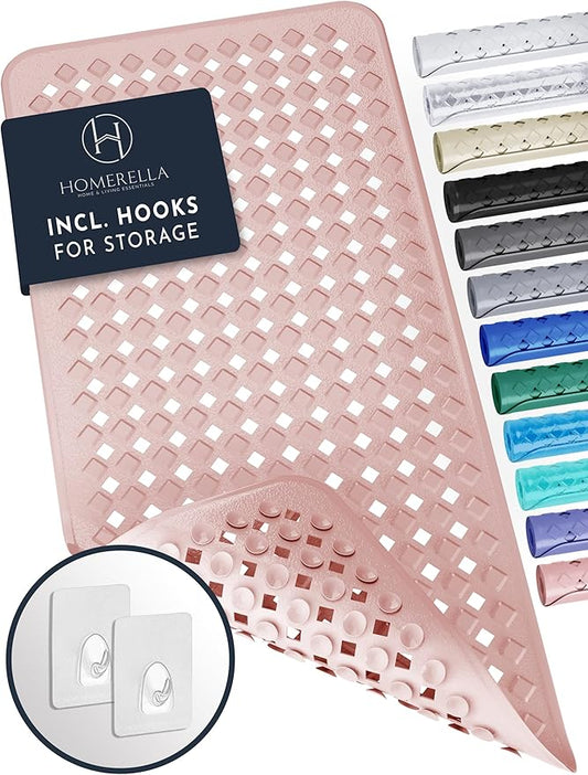 Homerella Bath Mat for Tub Non Slip Mold Resistant 35x16 - Shower Mat Non Slip Anti Mold - Bathtub Mat Suction Cups incl. Hooks for Drying - Rose Vinyl Rectangular