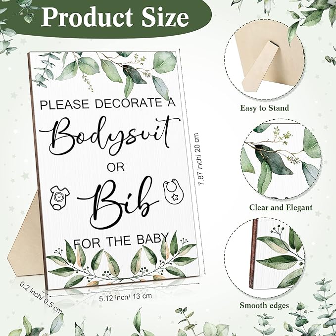 Roowest 35 Pcs Baby Shower Bibs Games Design Wooden Baby Shower Party Game Sign DIY Bodysuit Sign 15 White Blank Feeder Bibs 9 Newborn Bodysuit 10 Markers for Boys Girls(Greenery)