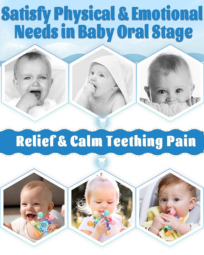Baby Teething Toys for Babies Infant, Tummy Time Montessori Toys for Babies, Newborn Infant Sensory Toys, Baby Shower Gifts for Boys Girls - Blue