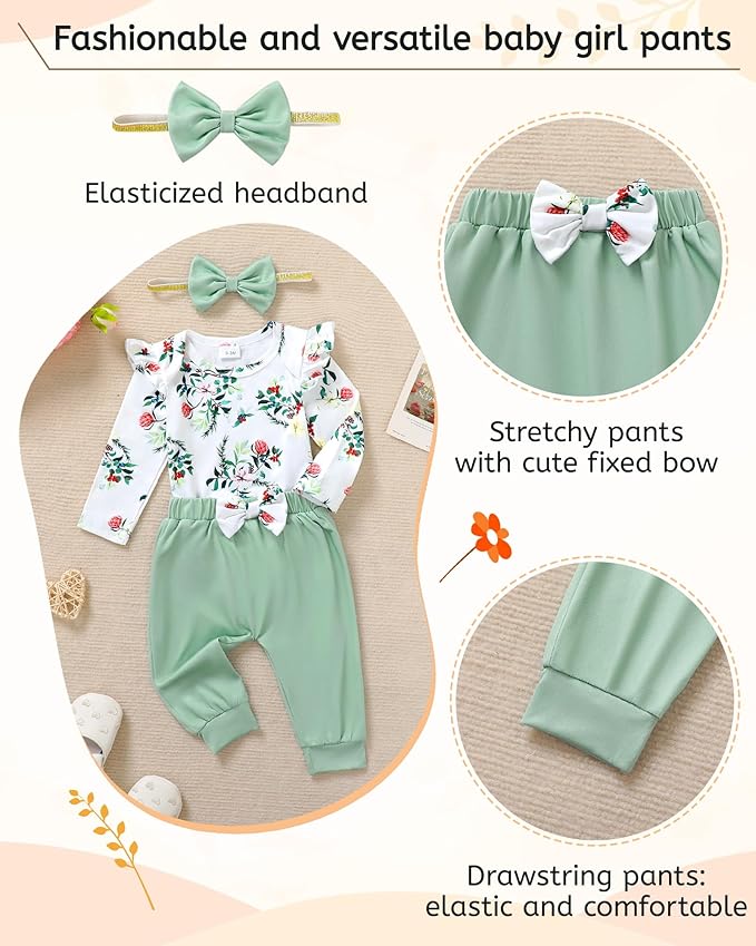YALLET Baby Girl Clothes Newborn Infant Girl Outfits Floral Romper+Pants+Headband Fall Baby Layettes for Clothing 0-18 Months