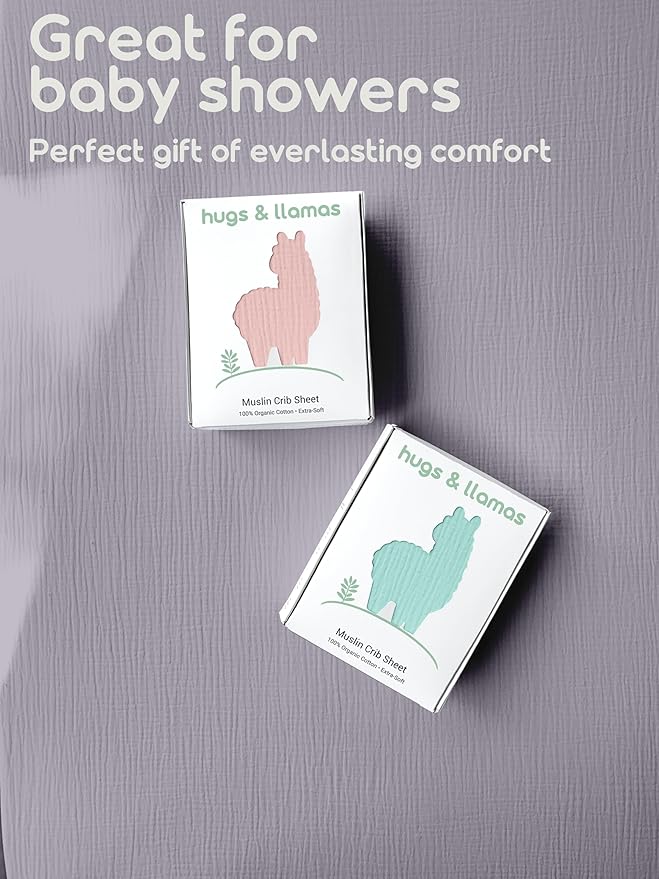Hugs & Llamas | 100% Organic Cotton Muslin Fitted Crib Sheet | Premium Baby Sheets for Boys & Girls | Neutral Mattress Sheet
