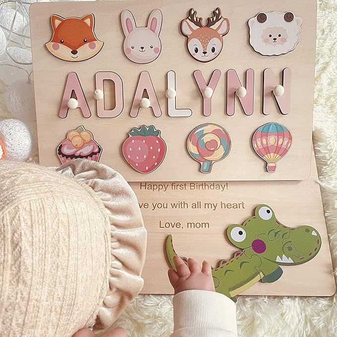 Personalized Name Puzzle for Kids, Custom Wooden Name Puzzle for Toddlers 1-3, Personalized Baby 1st Birthday Gifts, Alphabet Puzzle Engraved Text On Back with Pegs, Easter Basket Stuffers