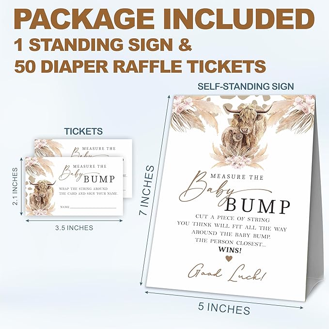 Baby Shower Measure The Baby Bump Game Kit - Boho Holy Cow - 1 Self-Standing Sign & 50 Tickets - How Big Is Mommy's Belly Sign - Gender Reveal Games, Baby Announcement Party Favor & Decorations - A10
