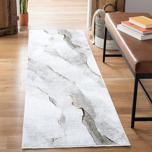 Bloom Rugs Caria Washable Non-Slip 12 ft Runner - Ivory/Gold Modern Abstract Runner for Entryway, Hallway, Bathroom, and Kitchen - Exact Size: 2'6" x 12'