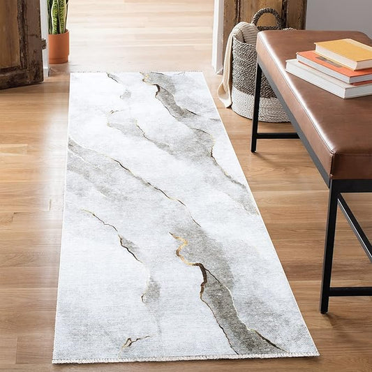 Bloom Rugs Caria Washable Non-Slip 7 ft Runner - Ivory/Gold Modern Abstract Runner for Entryway, Hallway, Bathroom, and Kitchen - Exact Size: 2'6" x 7'