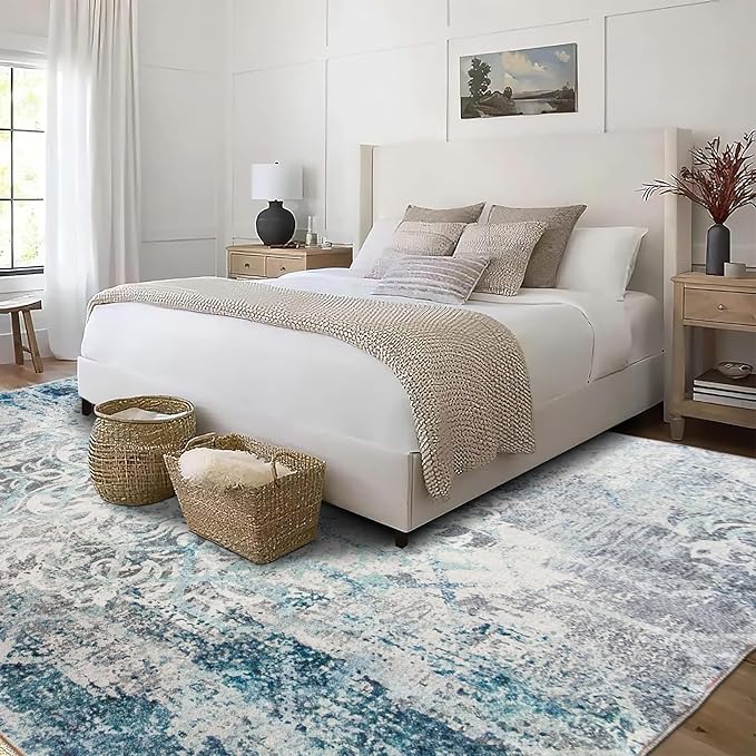 ReaLife Rugs Machine Washable Area Rug - Living Room Bedroom Bathroom Kitchen Entryway Office - Padded Low Pile Stain Resistant Premium - Boho Vintage Bohemian - Blair - Grey 5' x 7'